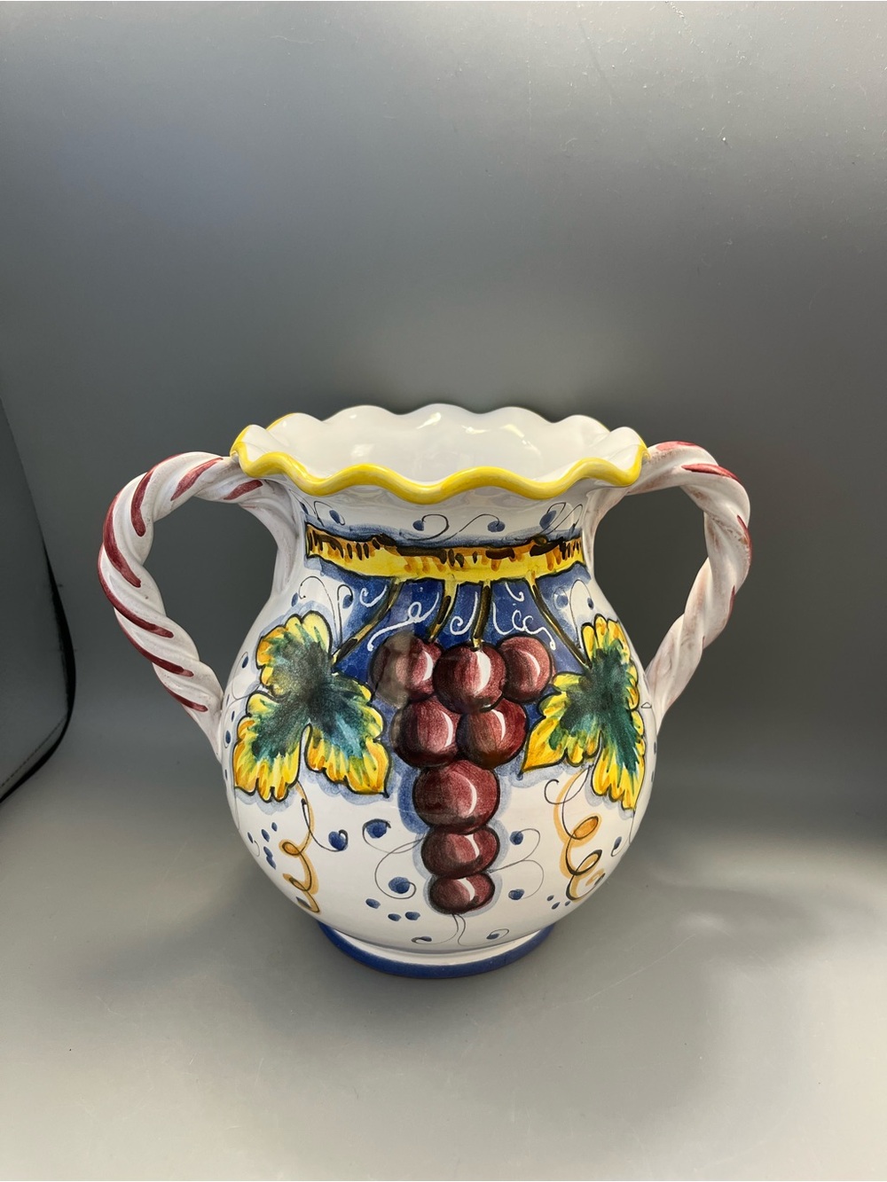 Deruta For Artistica Italian Pottery Pitcher/Vase, Hand Painted Double Handles